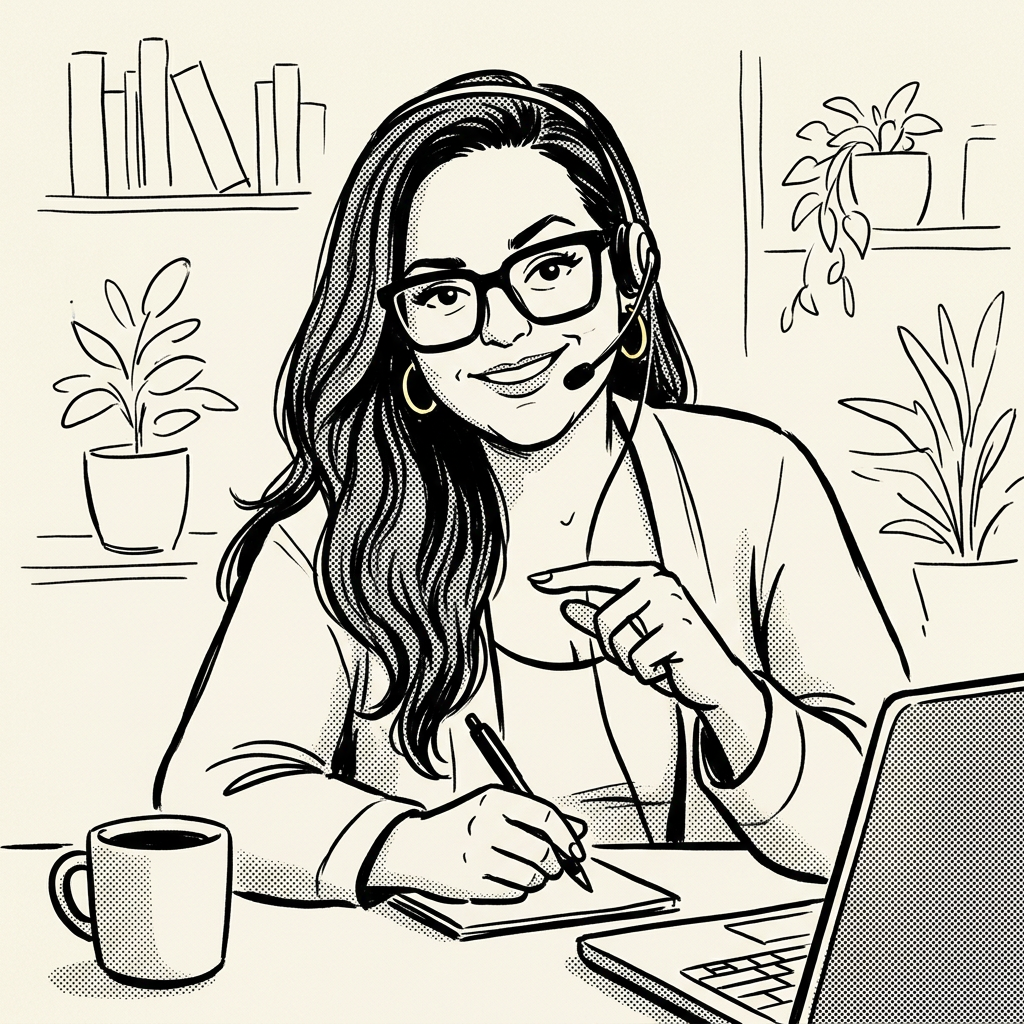 Editorial illustration of a BDR leader at her desk, headset on, mid-call